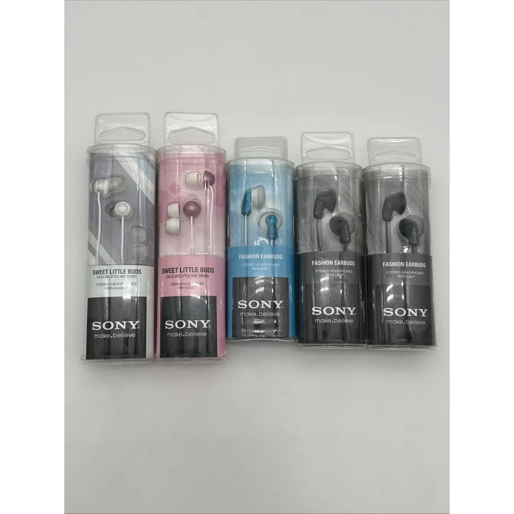 Lot of 5 Sony Earbuds New Sealed - MDR-EX40LP EX33LP E9LP (Pink, Blue, Black)